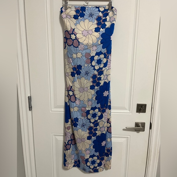 Zara Women’s Tropical Floral Print Satin Effect Strapless Dress - Size S - Picture 1 of 13